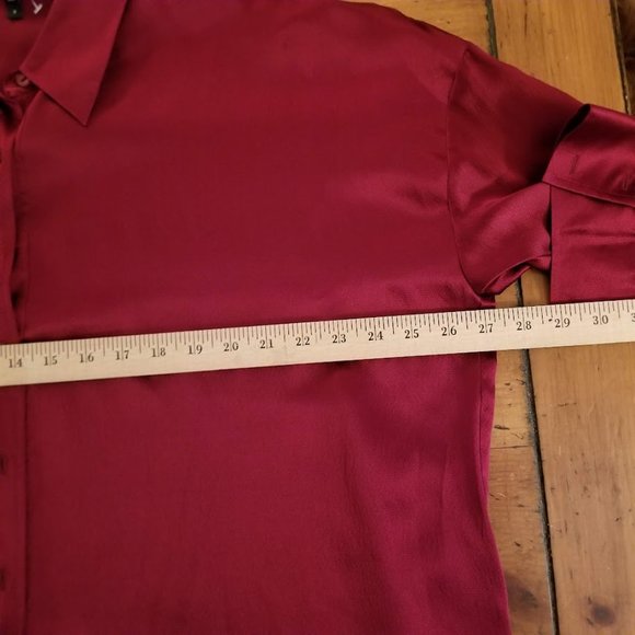 Eileen Fisher Cranberry Red Long Sleeve Hammered Silk Collared Blouse, Sz Small - Picture 6 of 7